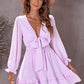 Deep V Neck Lantern Sleeve Knotted Tiered Mini Dress