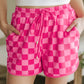 Black Checkered Drawstring Elastic Waist Casual Shorts