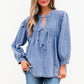 Denim Front Pintuck Bow Tie Puff Sleeve Top