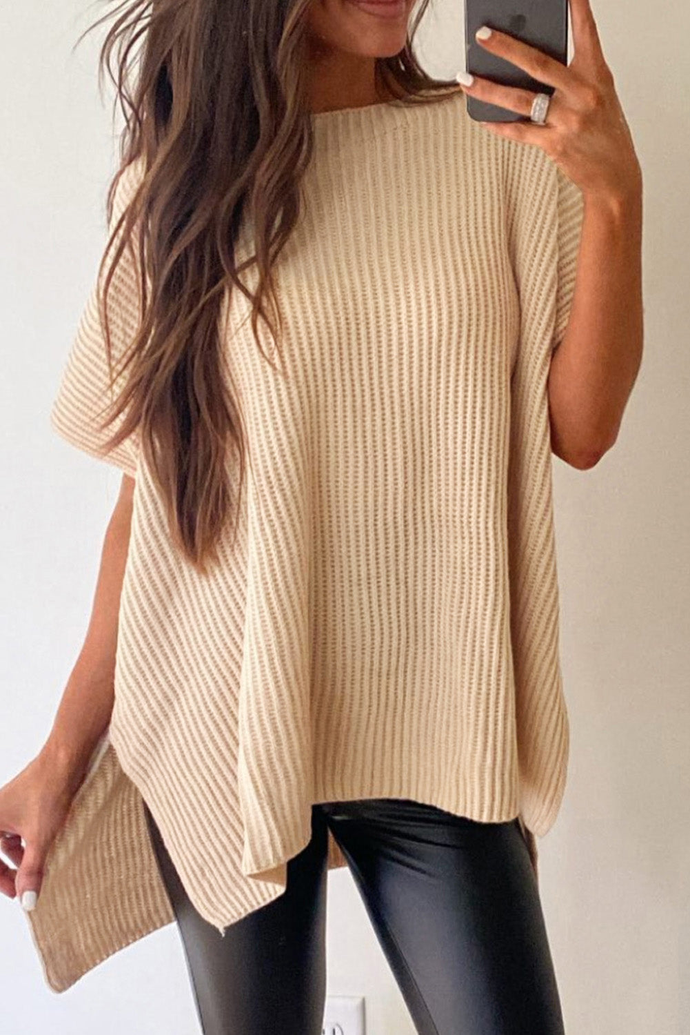 Apricot Short Sleeve Side Slit Oversized Sweater