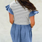 Striped Ruffle Denim Patchwork Round Neck Mini Dress