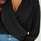 Black Solid Surplice Neck Shirred Cuffs Draped Blouse