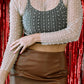 Apricot Pearl and Rhinestone Detail Sheer Mesh Top