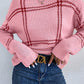 Pink Plaid Pattern Knitted Drop Shoulder Sweater