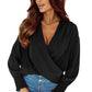 Black Solid Surplice Neck Shirred Cuffs Draped Blouse