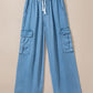 Sky Blue Drawstring High Waist Cargo Pocket Wide Leg Jeans