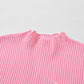 Pink Patch Pocket Ribbed Knit Short Sleeve Sweater