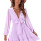 Deep V Neck Lantern Sleeve Knotted Tiered Mini Dress