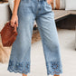 Dusk Blue Embroidered Cropped Wide Leg High Waist Jeans