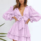 Deep V Neck Lantern Sleeve Knotted Tiered Mini Dress