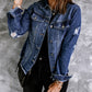 Blue Lapel Distressed Raw Hem Buttons Denim Jacket