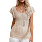 Beige Pointelle Knit Flutter Sleeve Sweater