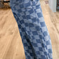 Dusk Blue Checkered Denim Wide Leg Jeans