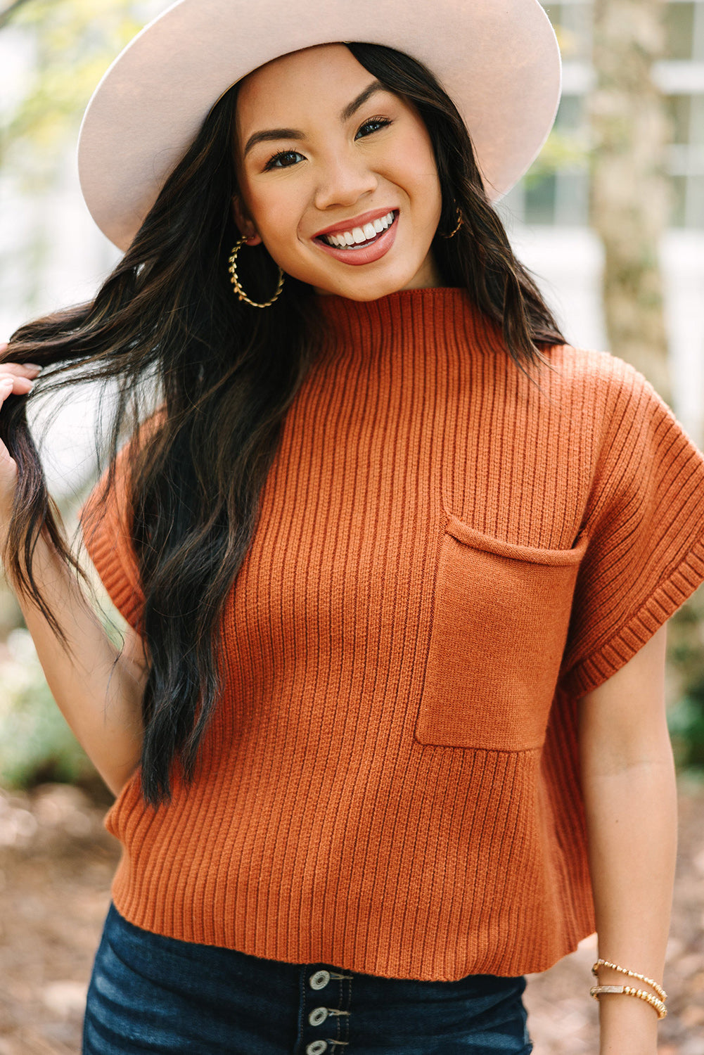 Burnt Orange Patch Pocket Ribbed Knit Short Sleeve Sweater