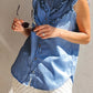 Sky Blue Mineral Wash Cap Sleeve Frilled Button Up Denim Shirt