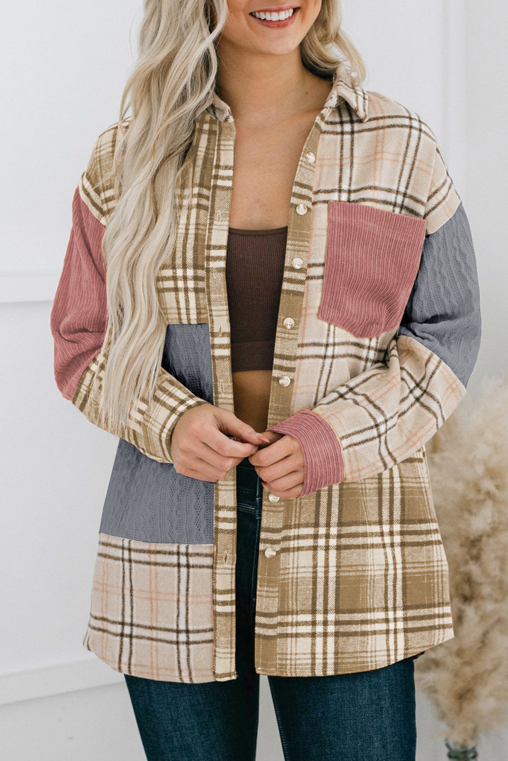 Burnt Orange Plaid Patchwork Shirt Jacket with Pocket Multiple Colors Available