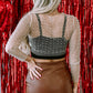 Apricot Pearl and Rhinestone Detail Sheer Mesh Top