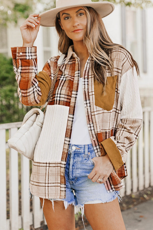 Burnt Orange Plaid Patchwork Shirt Jacket with Pocket Multiple Colors Available