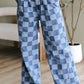 Dusk Blue Checkered Denim Wide Leg Jeans