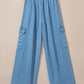 Sky Blue Drawstring High Waist Cargo Pocket Wide Leg Jeans