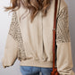 Parchment Knit Crochet Exposed Seam Ribbed Trim Sweatshirt