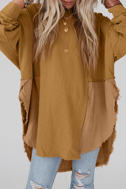 Camel Splicing Raw Hem High Low Oversized Blouse