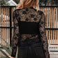 Black Sheer Floral Lace Mesh Mock Neck Long Sleeve Top