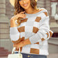 Orange Checkered Ribbed Neck Drop Shoulder Sweater