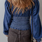 Dark Blue Smocked Ruffled Puff Sleeve V Neck Denim Blouse