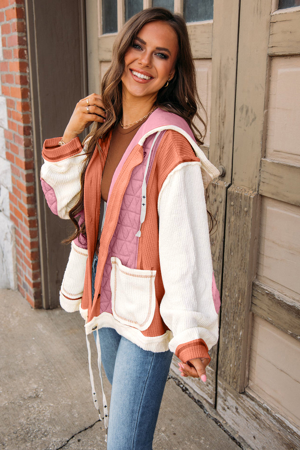 Coral Quilted Textured Patchwork Loose Fit Hooded Jacket