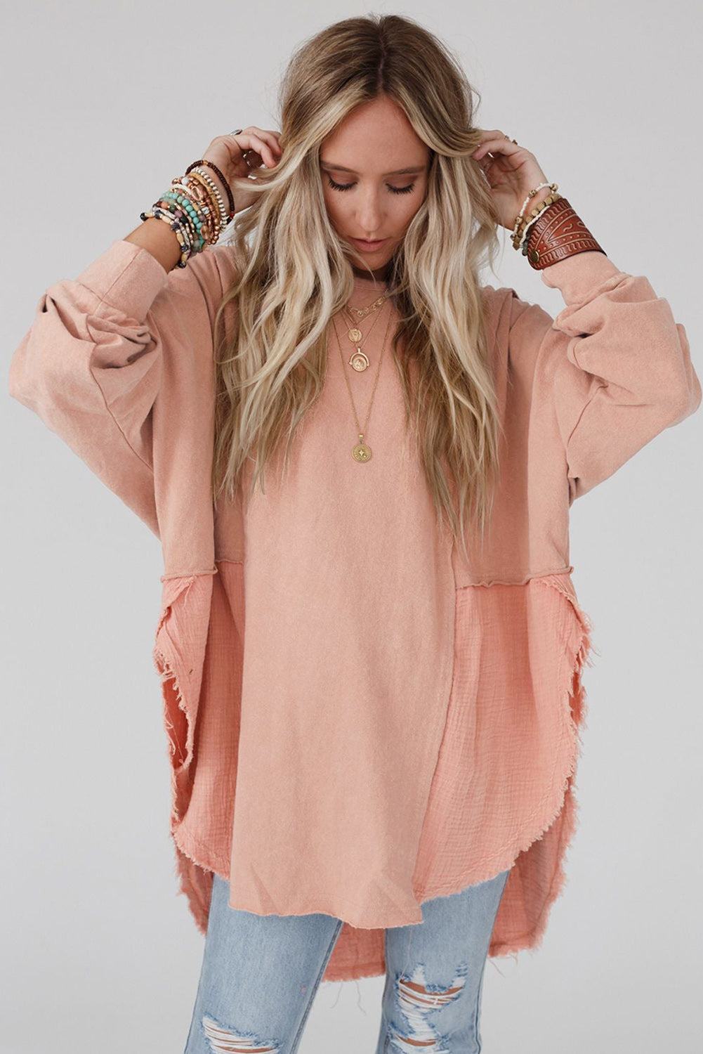 Coral Pink Splicing Raw Hem High Low Oversized Blouse