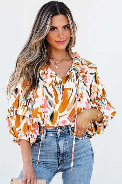 Abstract Print Drawstring Frilled V Neck 3/4 Sleeve Blouse