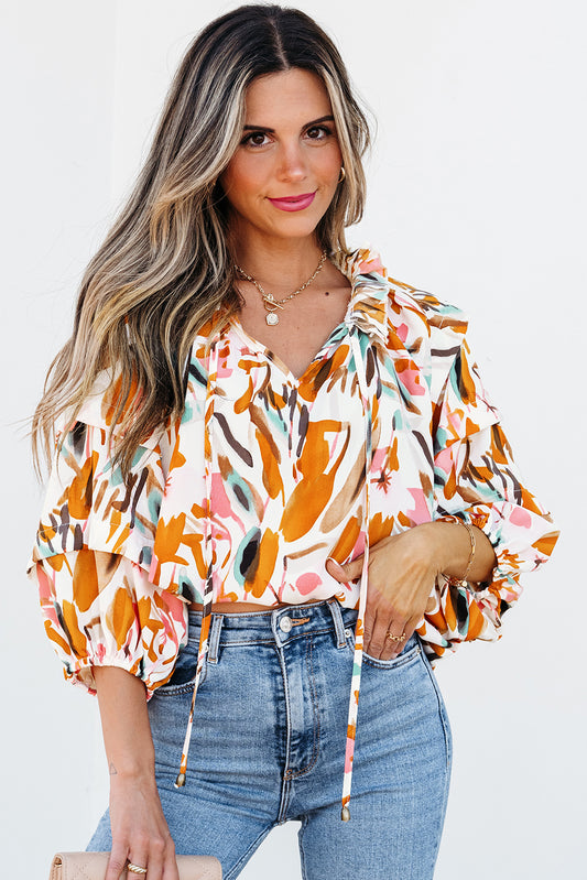 Abstract Print Drawstring Frilled V Neck 3/4 Sleeve Blouse