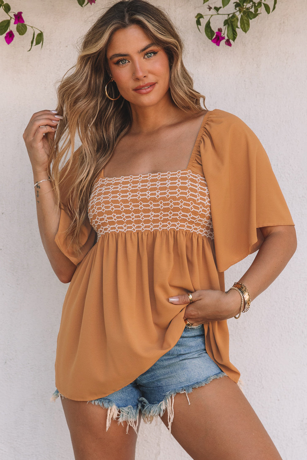 Dusty Tan Square Neck Wide Sleeves Flowy Top