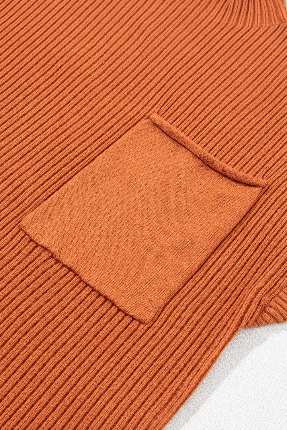 Burnt Orange Patch Pocket Ribbed Knit Short Sleeve Sweater