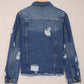 Blue Lapel Distressed Raw Hem Buttons Denim Jacket