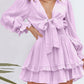 Deep V Neck Lantern Sleeve Knotted Tiered Mini Dress