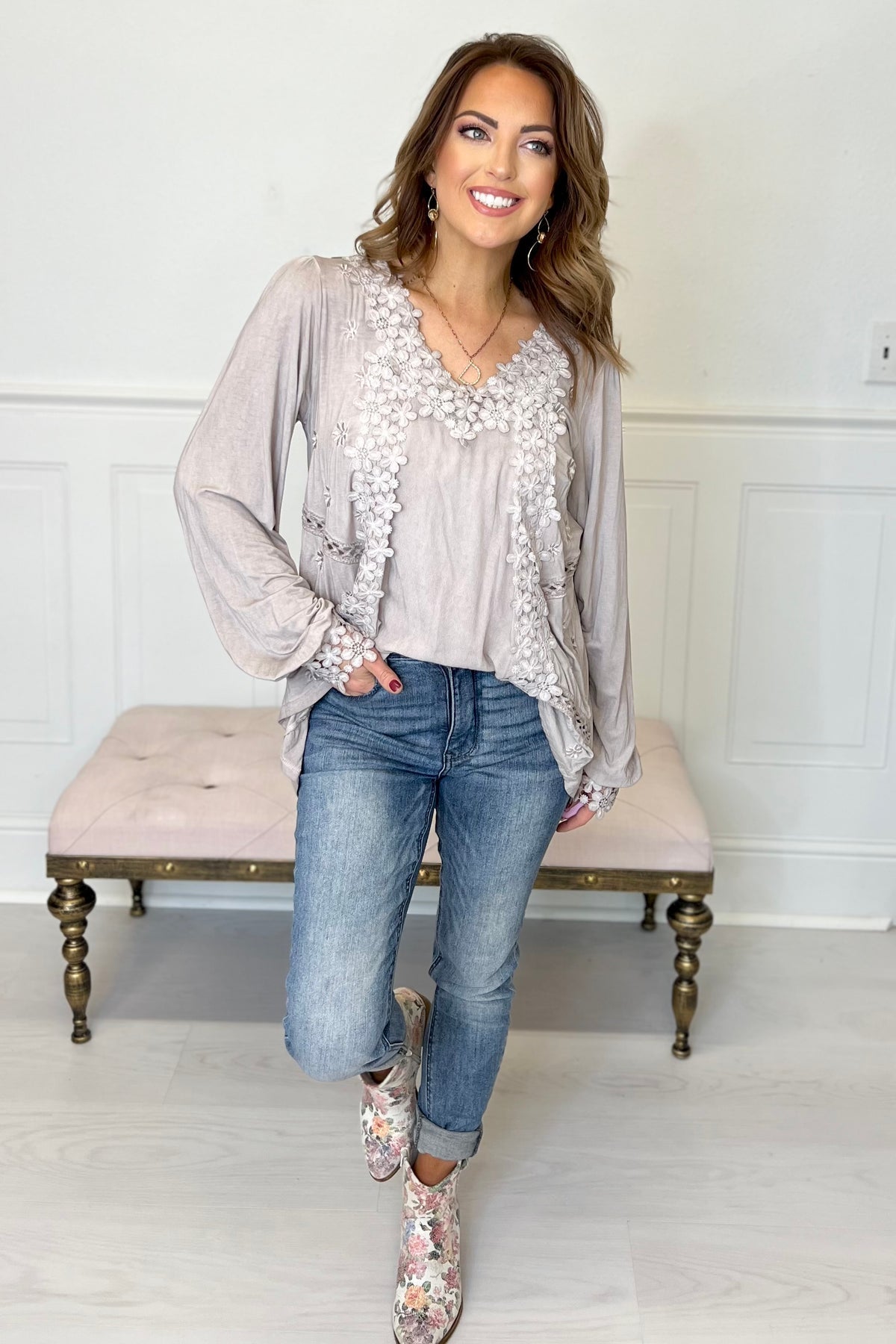 POL Floral Embroidery Woven Top with Lace Trim