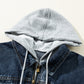 Dark Blue Fake Two-Piece Hooded Zip-Up Denim Jacket