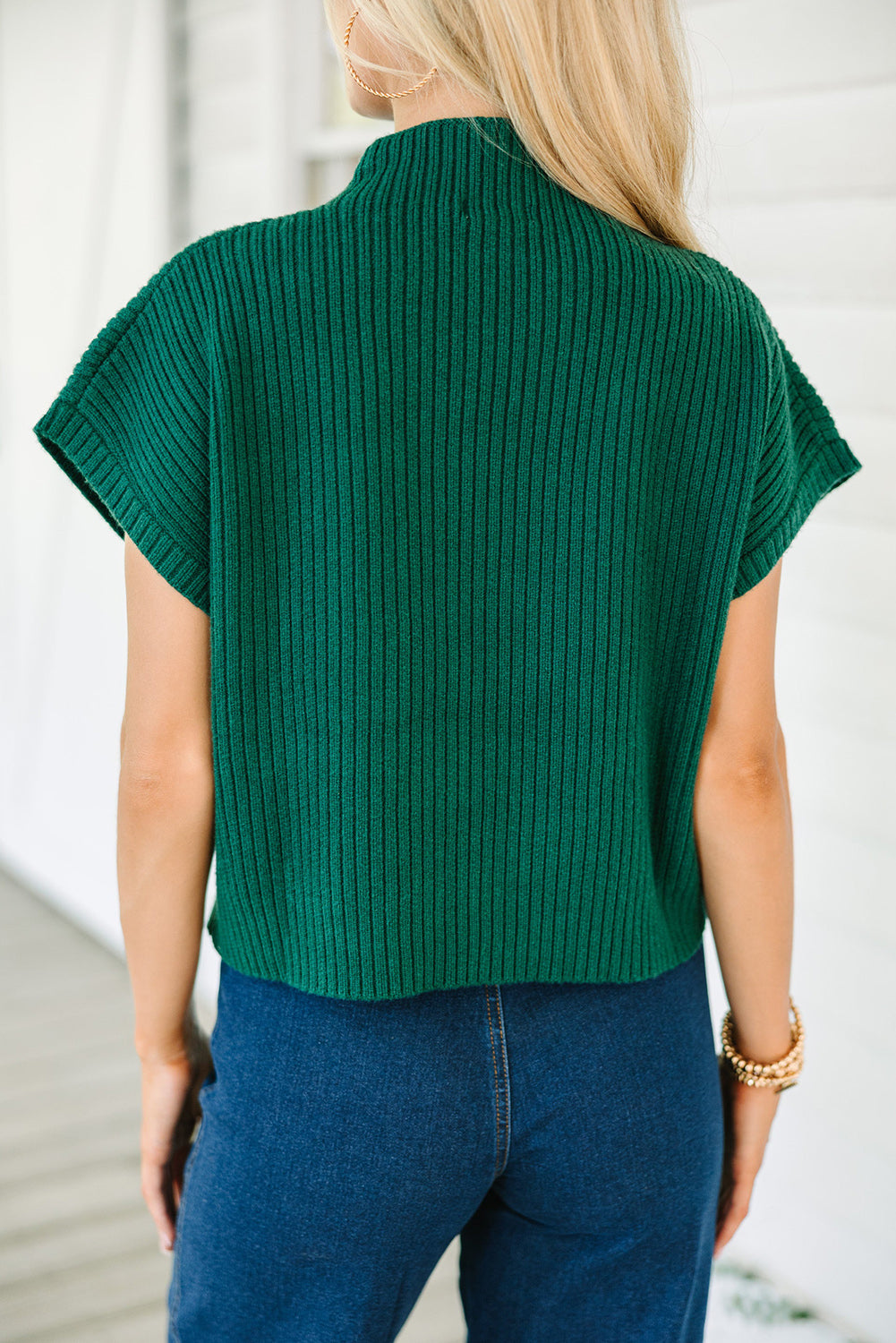 Deep Green Patch Pocket Ribbed Knit Short Sleeve Sweater