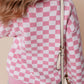 Pink Checkered Buttons Collar V Neck Drop Shoulder Sweater