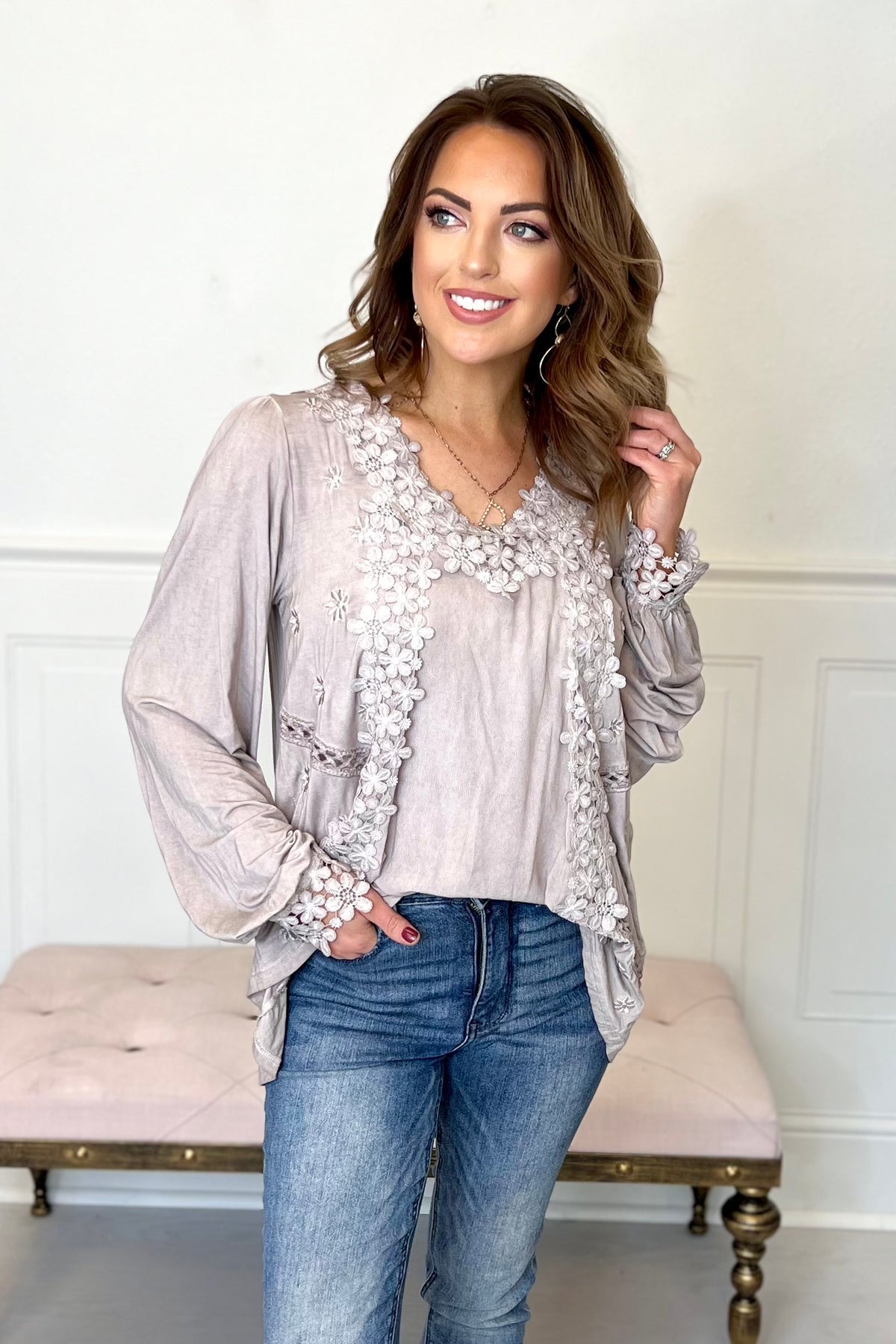 POL Floral Embroidery Woven Top with Lace Trim