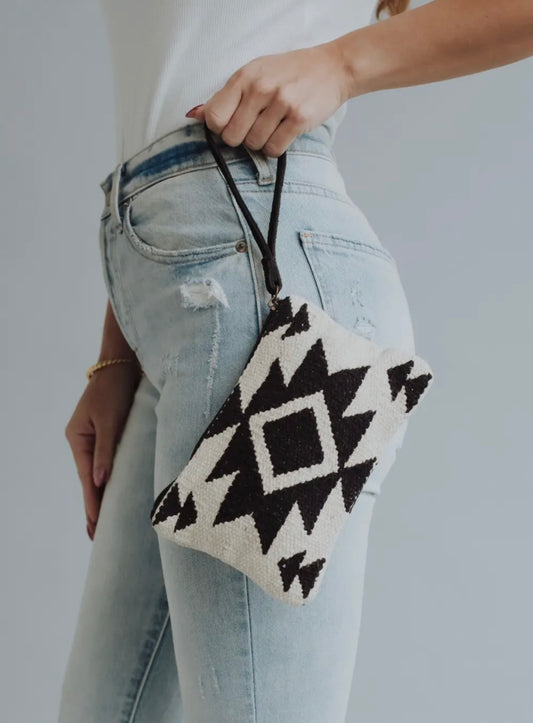 White and Black Aztec Wristlet