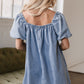 Myosotis Bubble Sleeve Square Neck Denim Babydoll Dress