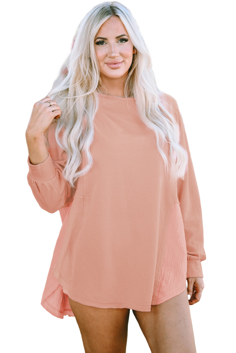 Coral Pink Splicing Raw Hem High Low Oversized Blouse