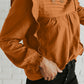 Camel Solid Color Stand Neck Ruffled Puff Sleeve Blouse