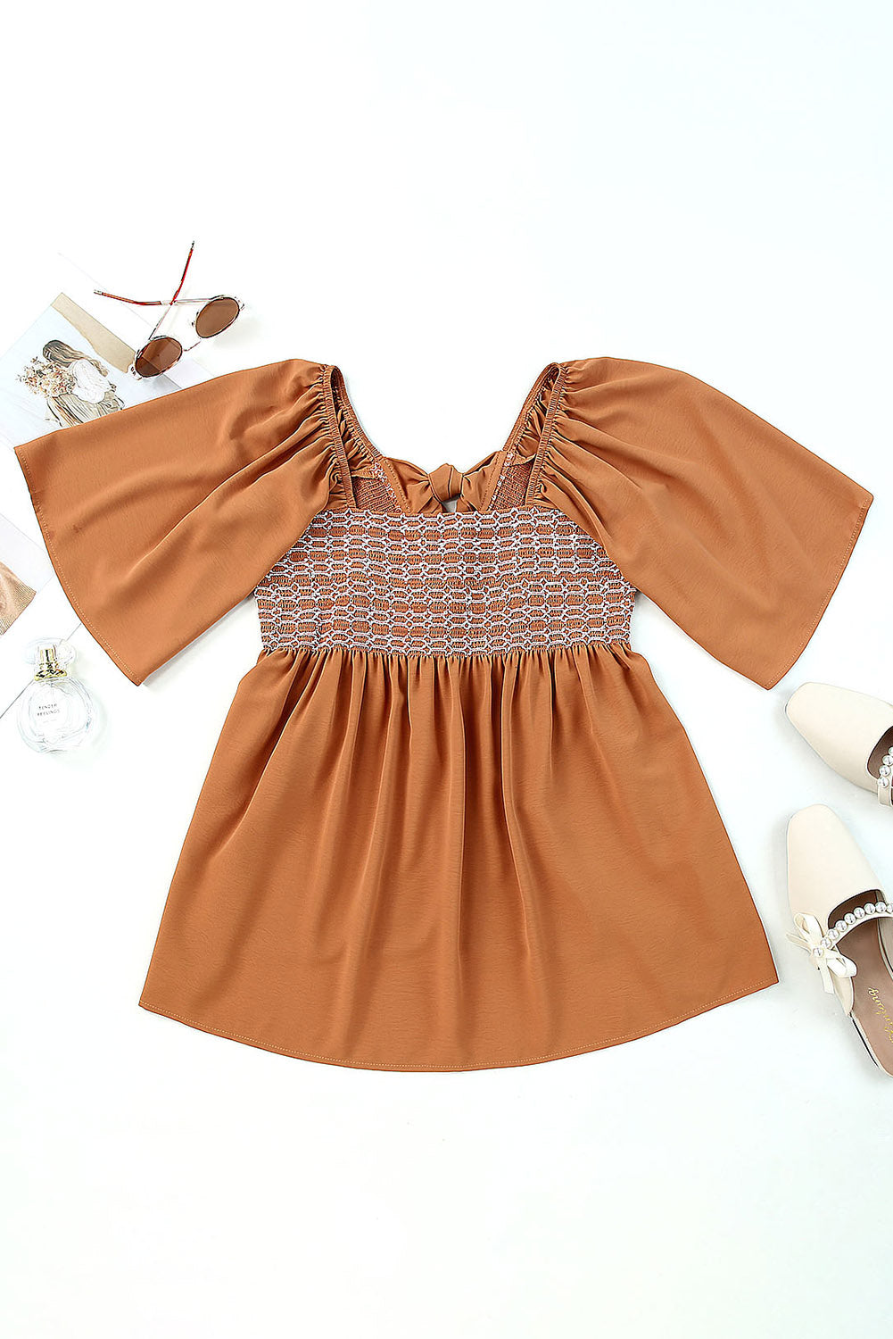 Dusty Tan Square Neck Wide Sleeves Flowy Top