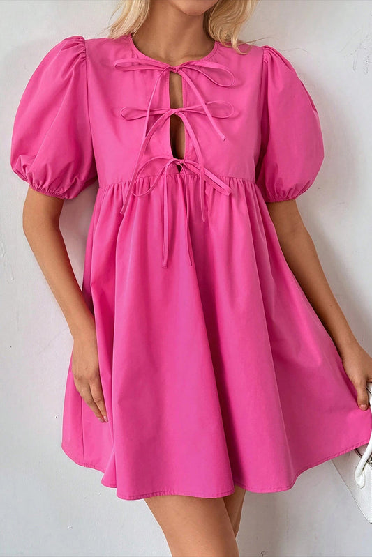 Bright Pink Puff Sleeve Tie Mini Dress