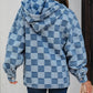 Checkered Half Zip Denim Hoodie Top