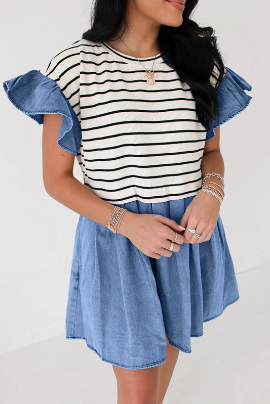 Striped Ruffle Denim Patchwork Round Neck Mini Dress
